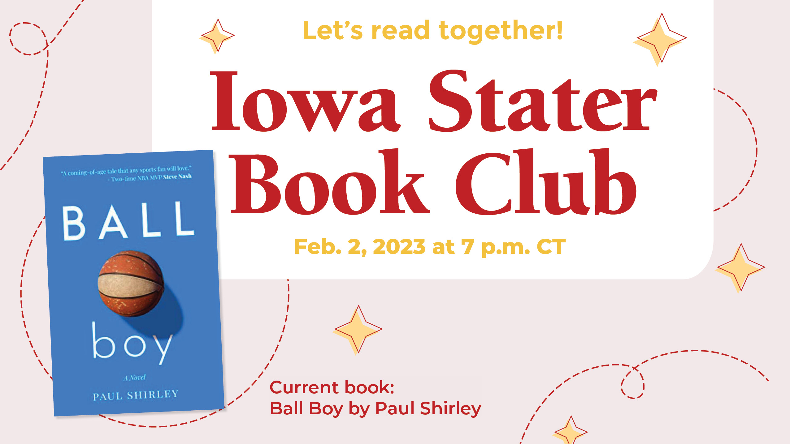 Iowa Stater Book Club graphic with Ball Boy book cover.