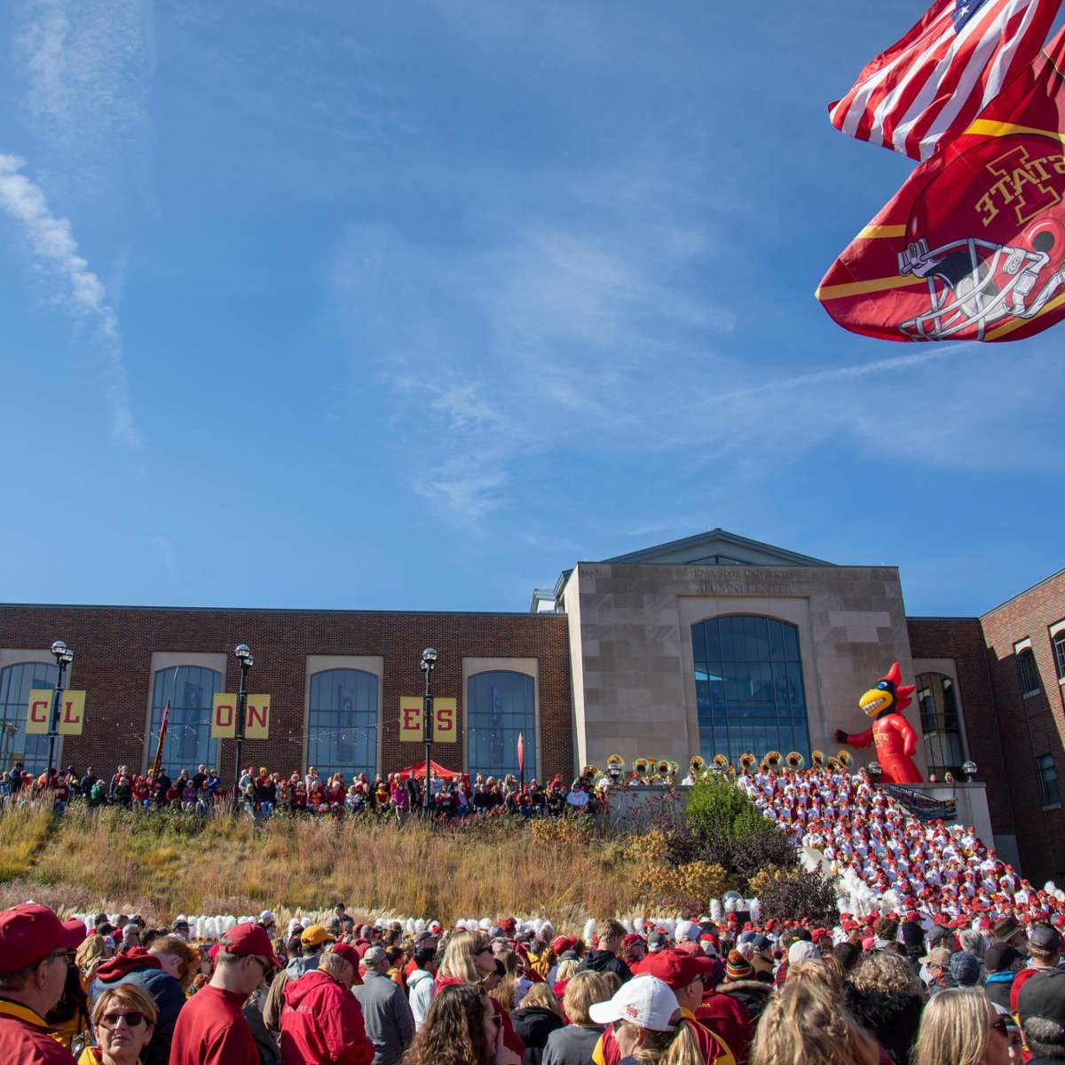 Cyclone Tailgate show on a sunny gameday at the ISU Alumni Center.