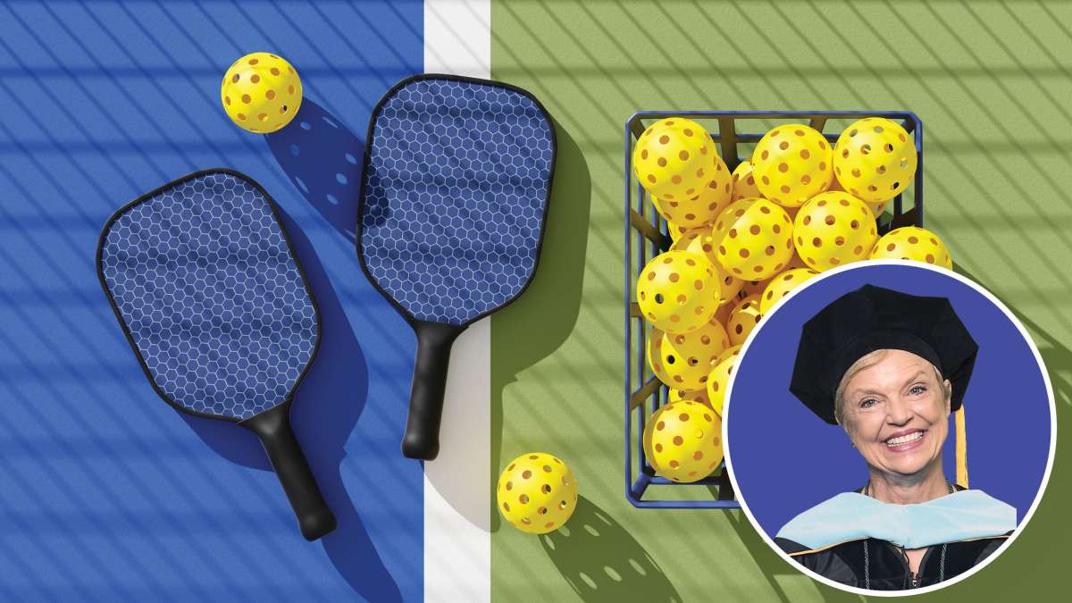 Pickleball paddles, with inset image of Glynis Worthington