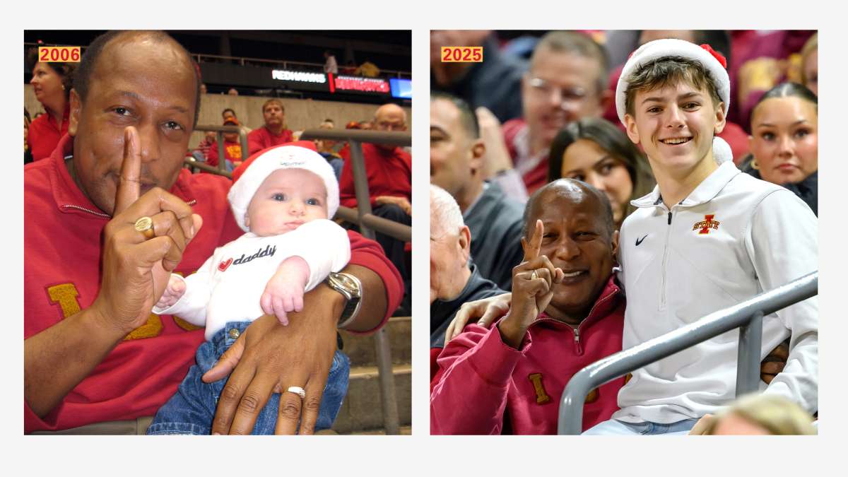 Left: 2006 Jeff Johnson with Maddox. Right 2025 Jeff Johnson with Maddox.