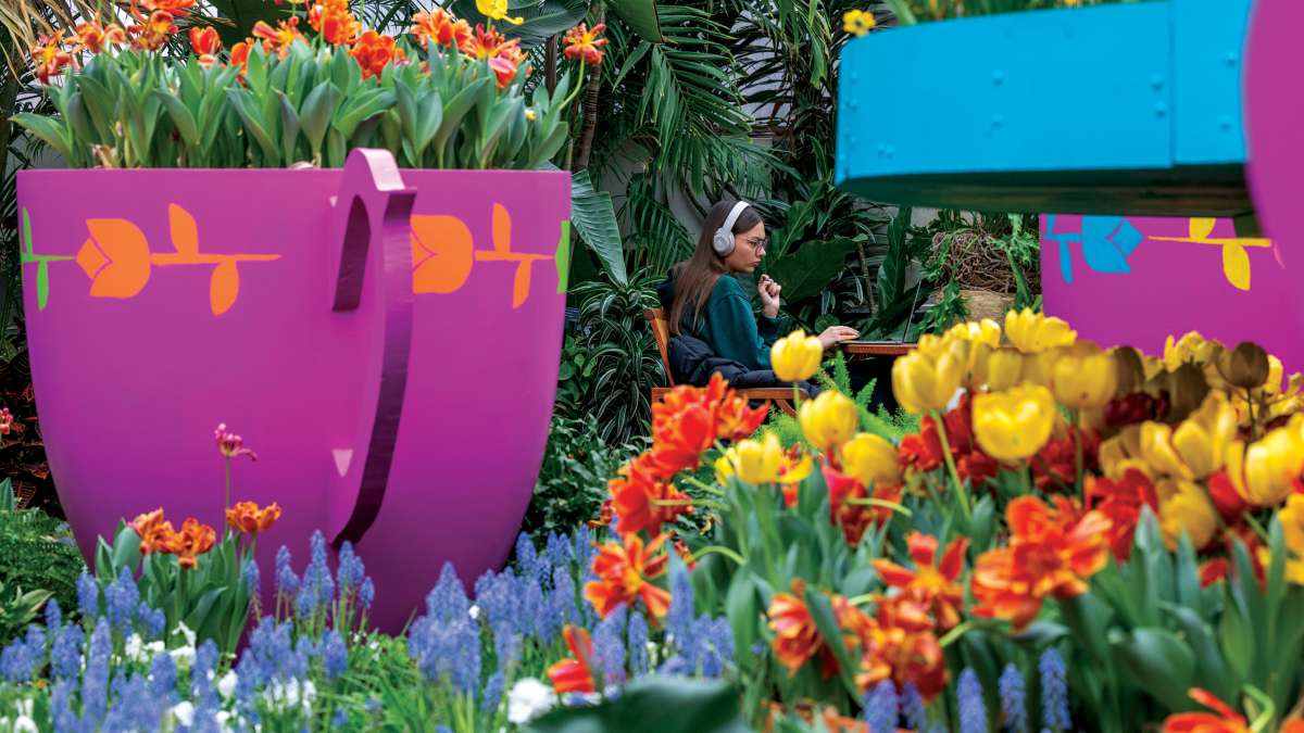 A student studies at Reiman Gardens in Ames