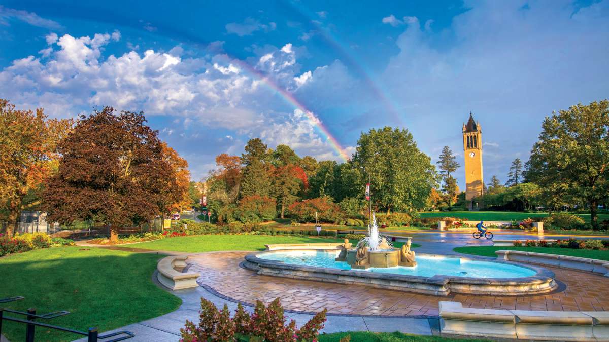 Iowa State campus with rainbow